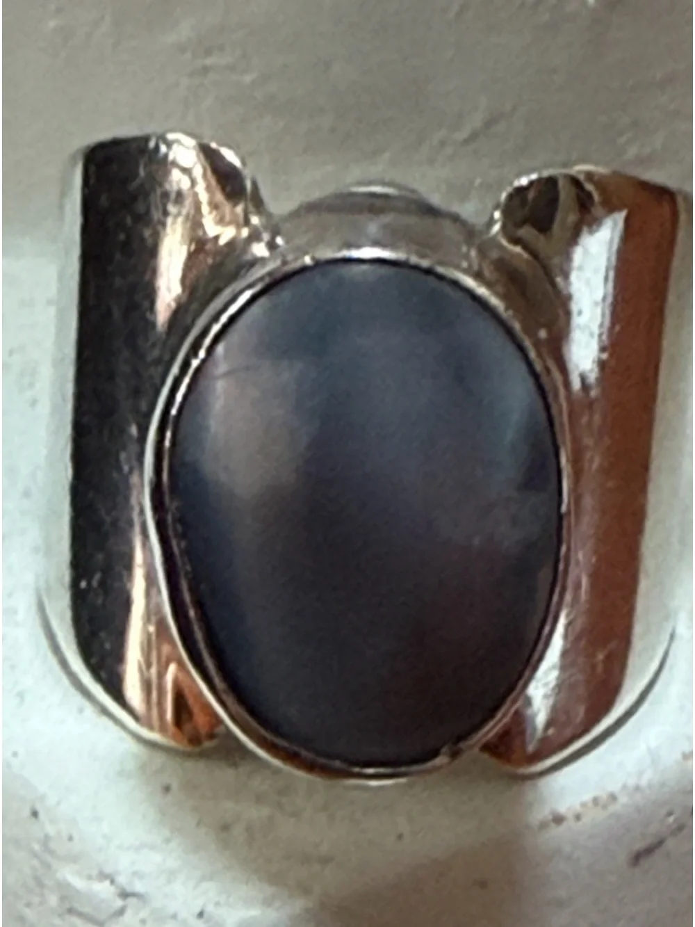 Sterling Silver Ring with Dark Gray Oval Pearl . Wide band